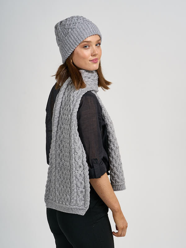 Aran Knit wool beanie hat & scarf set#color_grey$women
