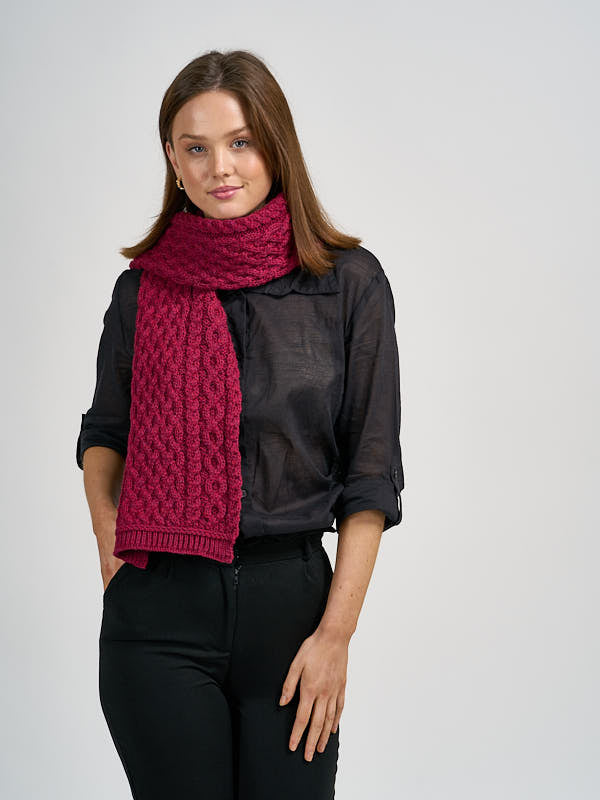 Aran Knit wool beanie scarf set#color_fuchsia$women